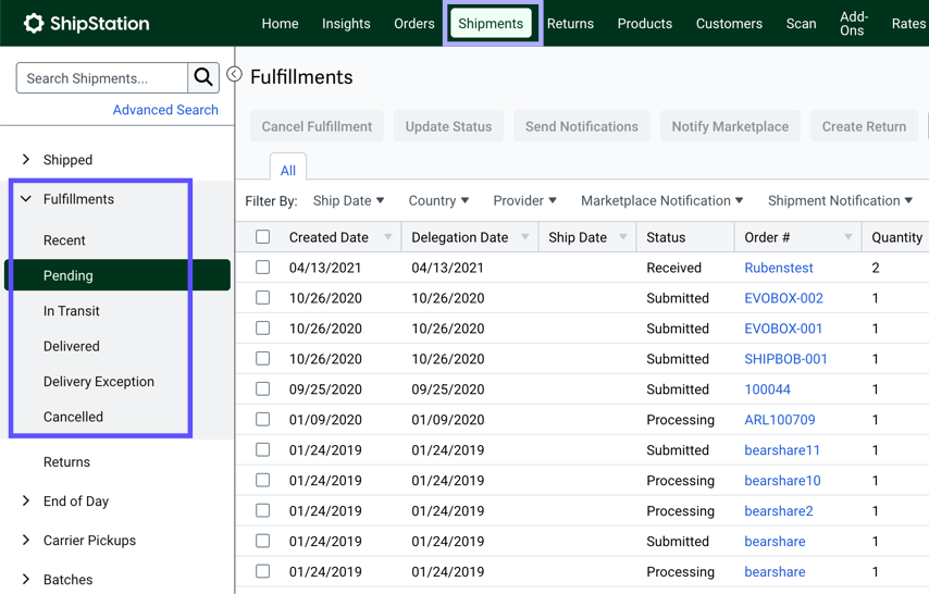 Shows the Shgippment tab opened, the Fulfillments grid and the sidebar navigation