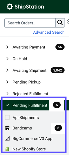 Orders sidebar. Box highlights Pending Fulfillment and Manual Orders store.