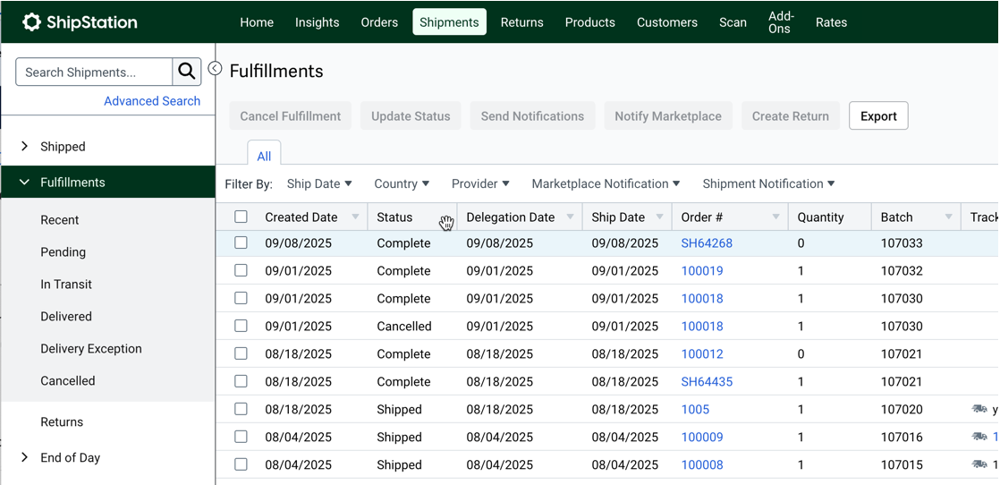 The Shipments > Fulfillment sidebar. Several statuses display for shipment fulfillments.