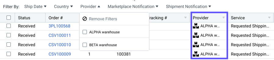Shipments > Fulfillments grid. Shows Providers in the Provider column