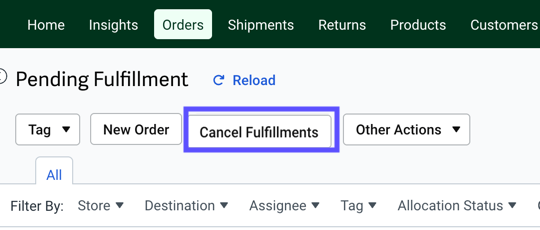 Shows Fulfillments on the Orders page, and the Cancel Fulfillments button
