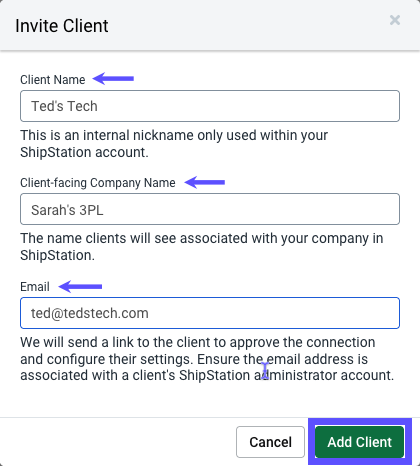 Invite Client pop-up window with Client Name, Client-facing Company Name, and Email entered. "Add Client" button selected.