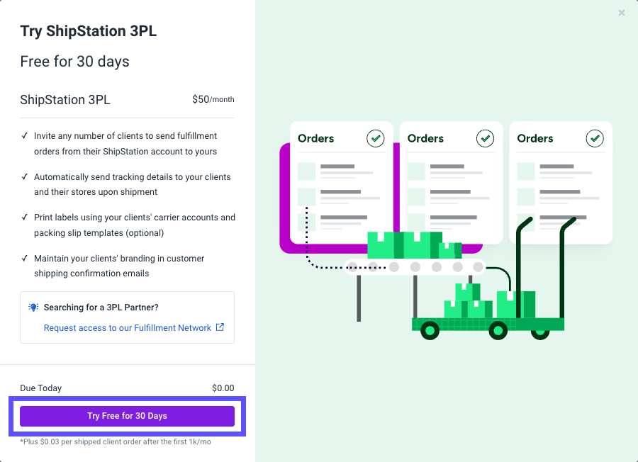 The enable button is highlighted for the ShipStation 3PL add-on.
