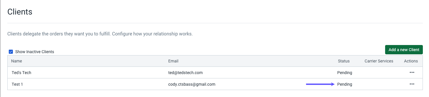 New client shows status of Pending on Clients settings page.