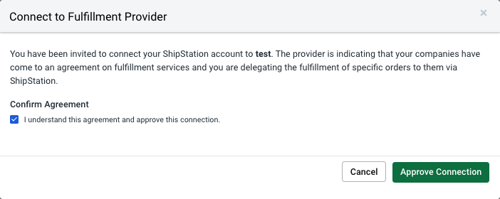 "Approve Connection" button highlighted on Connect to Fulfillment Provider pop-up window.