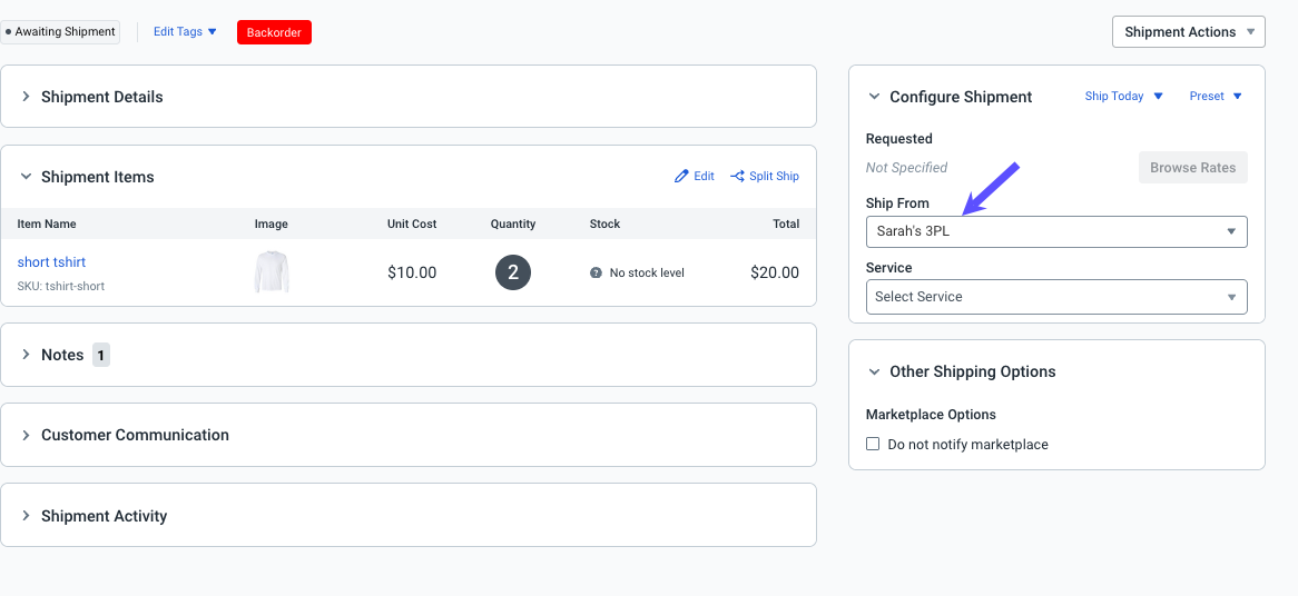 Ship From Location set to 3PL in Order Details window.