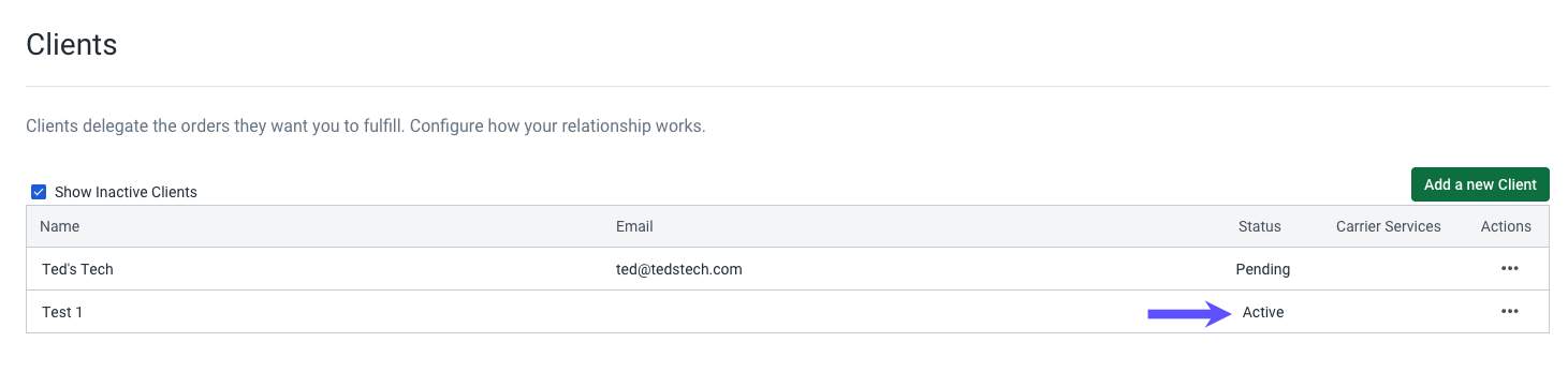 Client shows status of Active on Clients settings page.