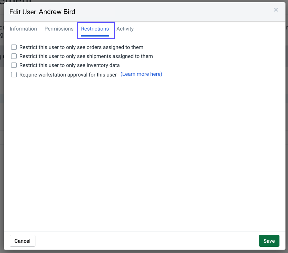 Edit user popup. Red box highlights Restrictions tab.