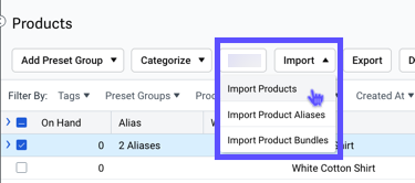 Arrow on the Import button pointing to Import Product Aliases in the dropdown.