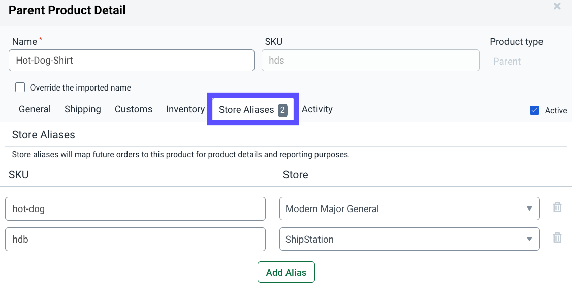 Standalone Product Detail popup. 1st box highlights Store Aliases tab, 2nd box, product Aliases. Arrow points to name default: (Any Store)