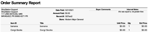 ShipStation Order Summary Report example document