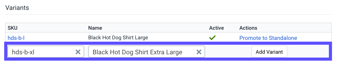 Product details general tab with Variant SKU and Name highlighted.