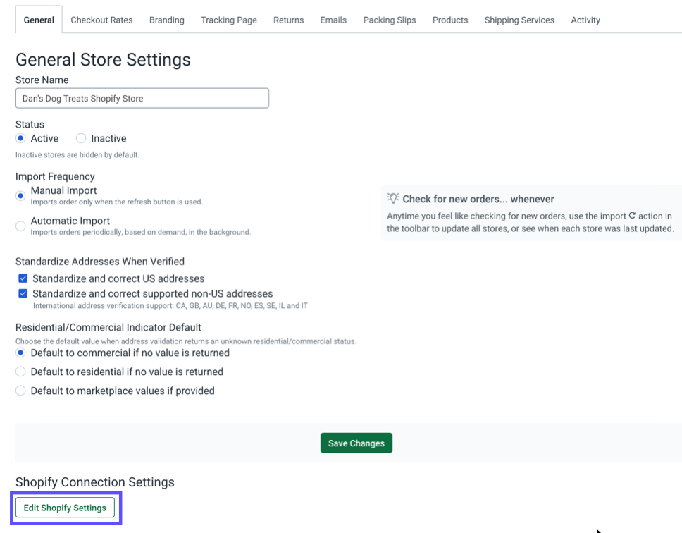 Shopify store settings. General tab. Edit Shopify Settings button shown marked,