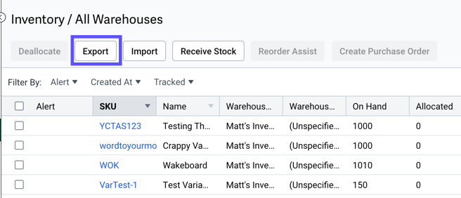Products tab. Shows the Inventory menu with the Export button highlighted.