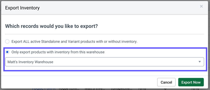 Shows Export Inventory pop-up with Only Export products with inventory from this warehouse highlighted.