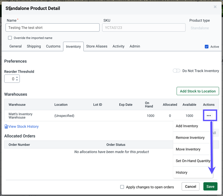Shows Product Detail popup with Inventory tab's Action menu & History option marked.