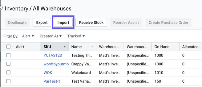 Products. inventory. The Import button is shown highlighted.