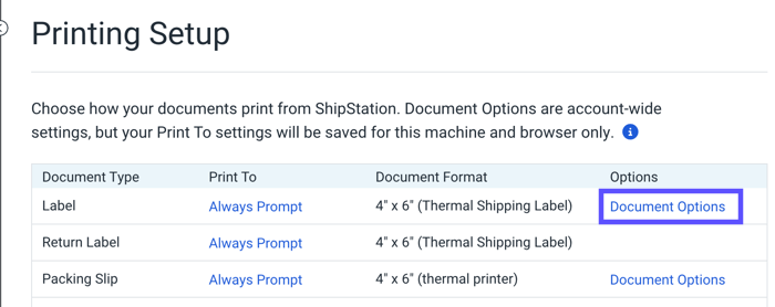 Printing Setup page. Shows the Document Options link