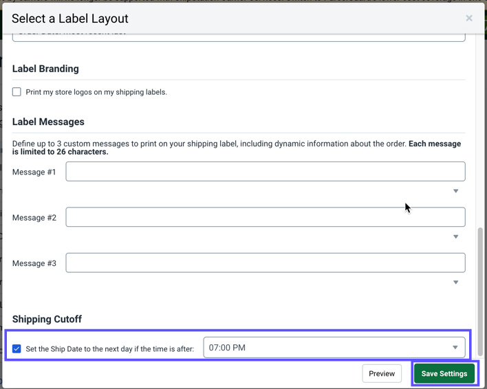 Document Options for Labels. Select Label Layout popup. Shows Shipping cutoff time & Save Settings button