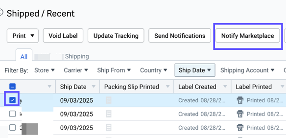 Shows 2 shipments selected on the Shipments tab. Notify Marketplace button shown in toolbar