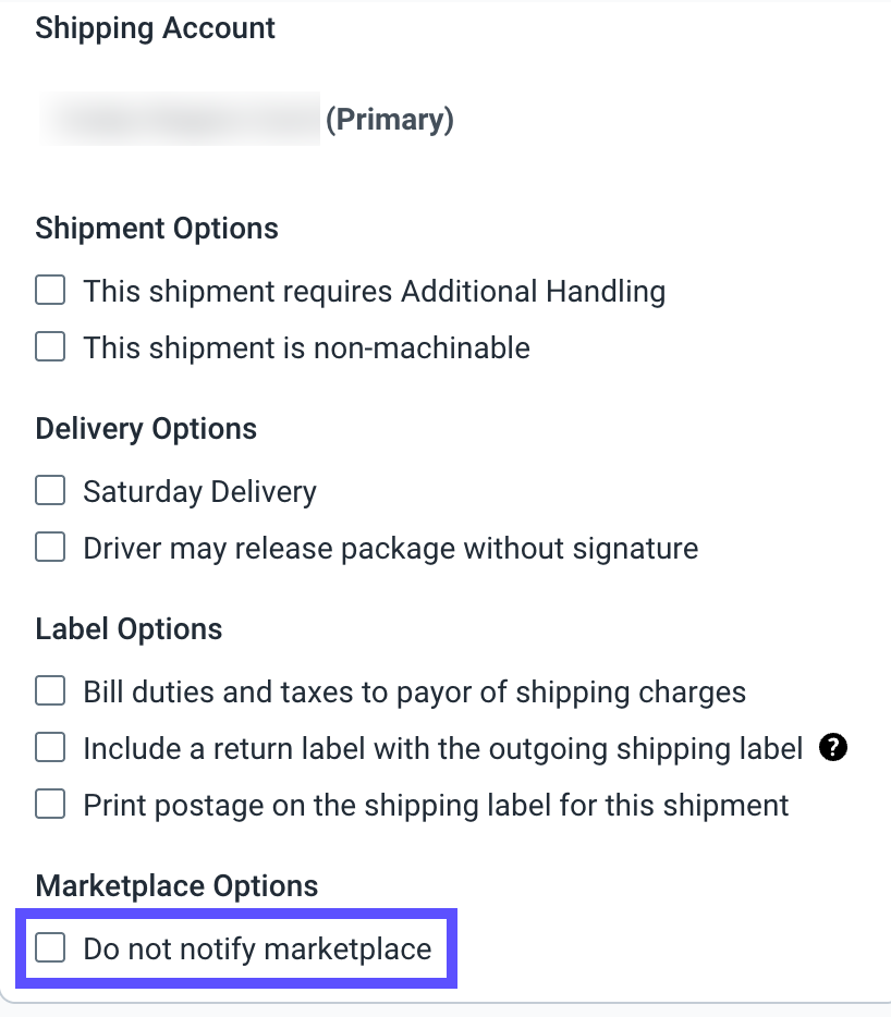 V3 shipping sidebar with the Other Shipping Options, Do not notify marketplace option highlighted.