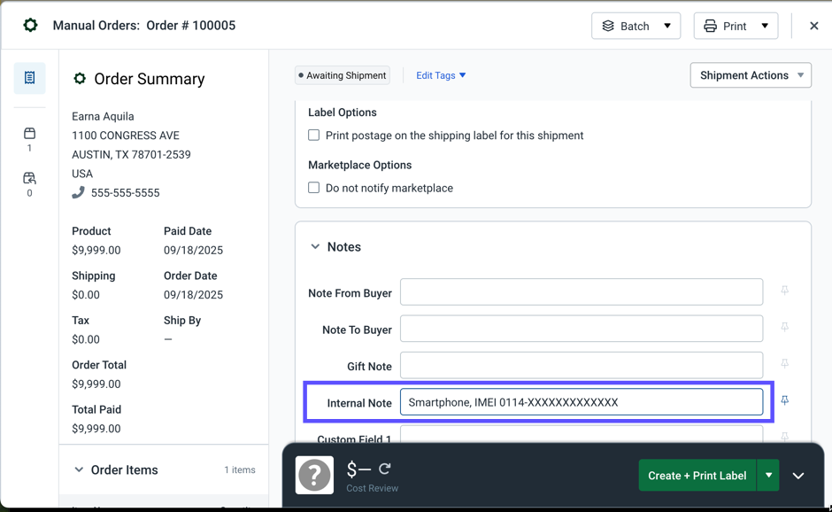 Order Details. Shows the Internal Note field displaying a smartphone's IMEI number.