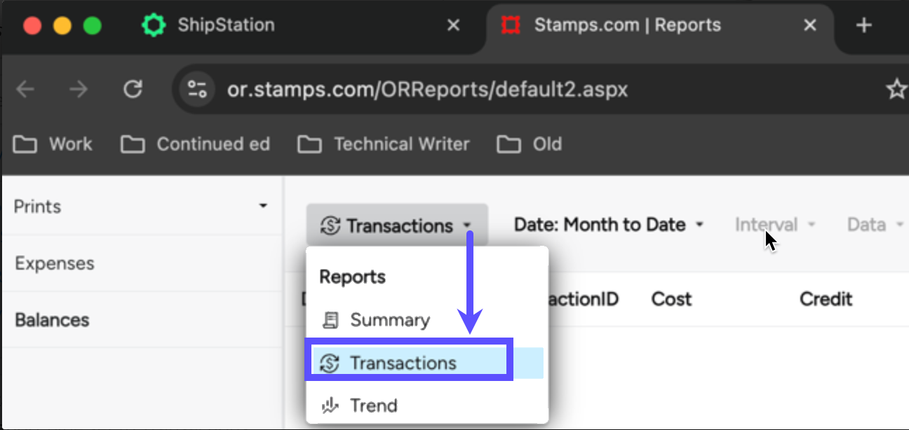 Stamps.com Reports > Balances screen with Report type set to Transactions