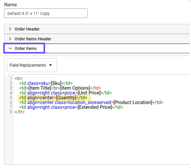 Packing Slip HTML: Order Items section outlined and Item Quantity code highlighted
