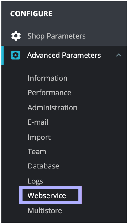 Prestashop Advanced Parameters menu with webservice highlighted.