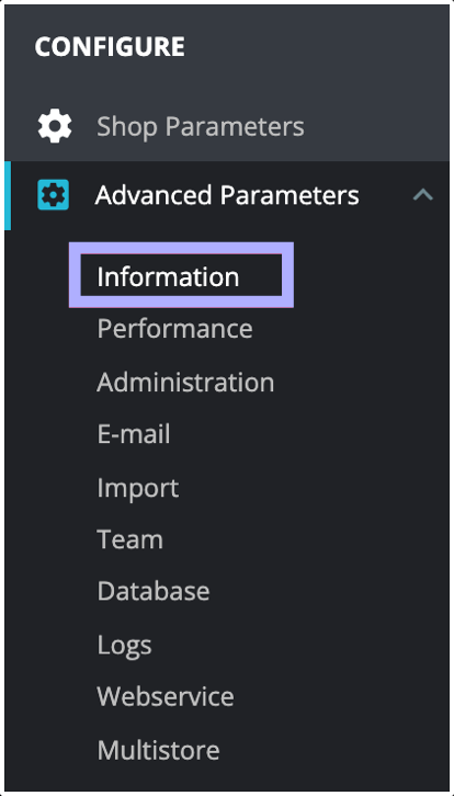 Prestashop Advanced parameters with Configuration Information highlighted.