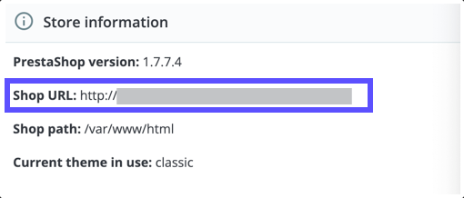 PrestaShop Store Information with Shop URL highlighted.