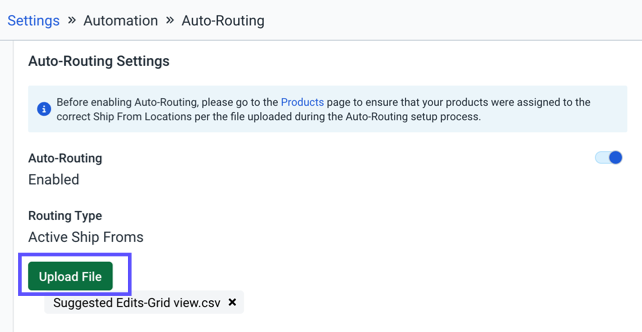 AUTO-ROUTING. Shows the Upload-File button marked and the selected .CSV file