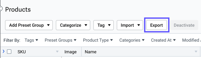 The Export button is shown in the Products grid actions bar.