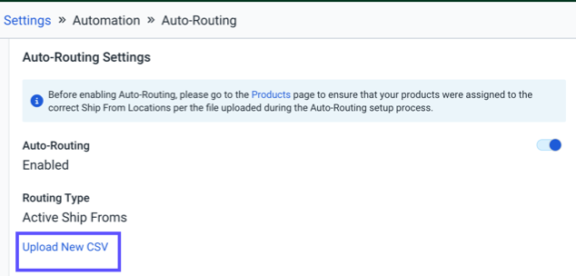 Settings > Automation > Auto-Routing. Shows the Upload-New-CSV link