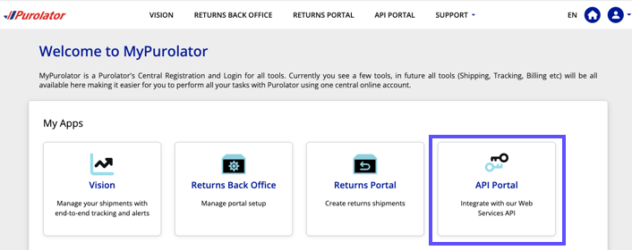 Shows the API Portal button marked on the My-Purolator homepage.