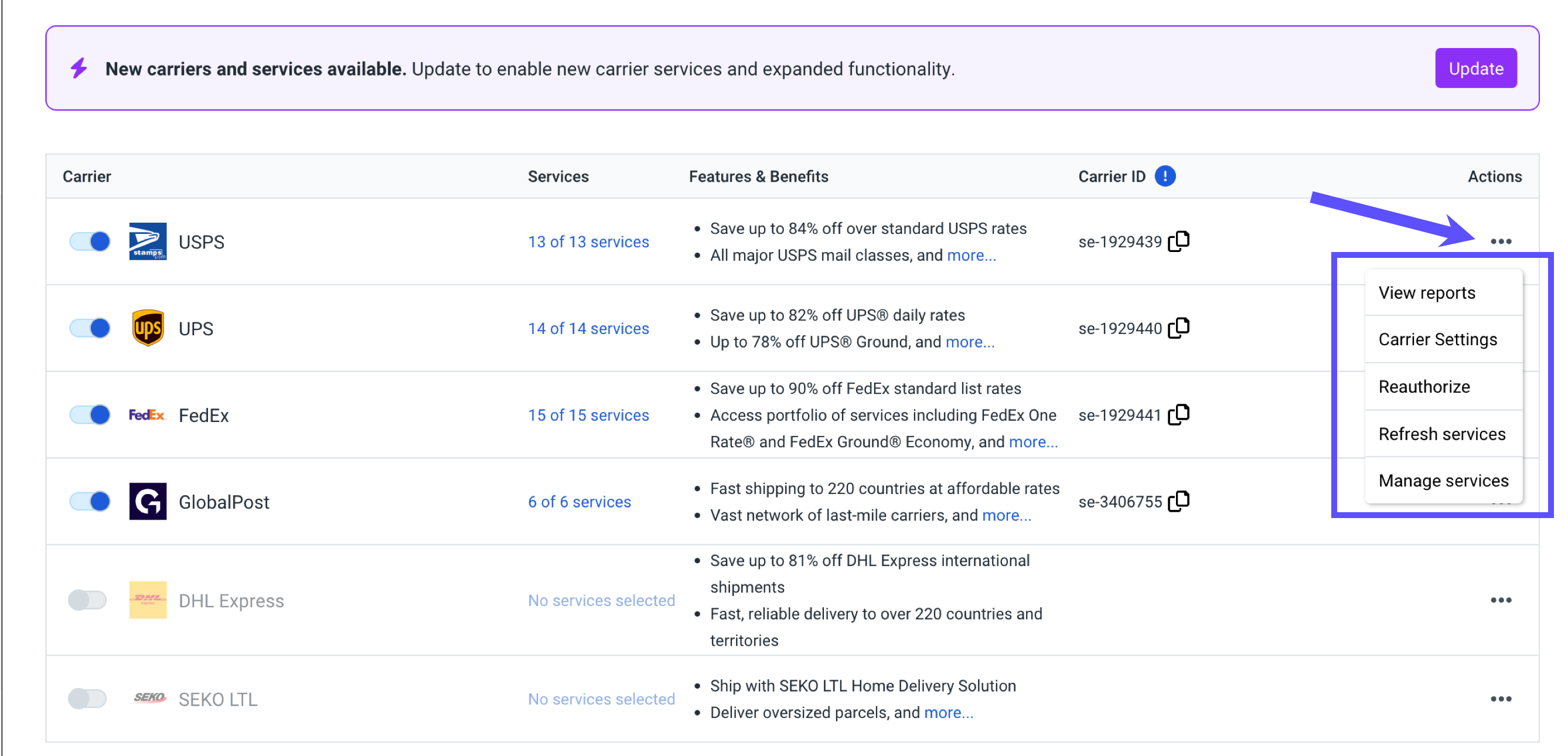 Carriers settings with the USPS action menu open to display all options
