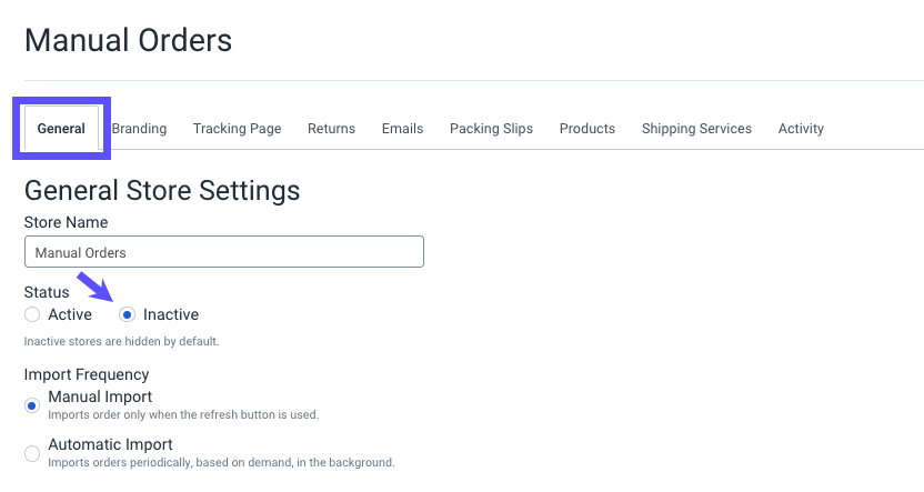 Store Setup page. Red box highlights General Store Settings tab. Arrow points to checkbox: Is Active?