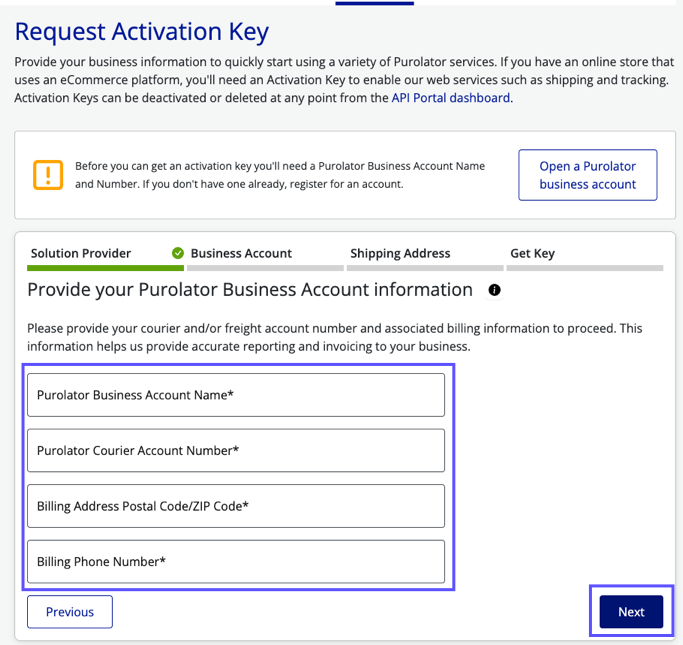 Request Activation Key. Shows the Purolator Business Account info fields & Next button