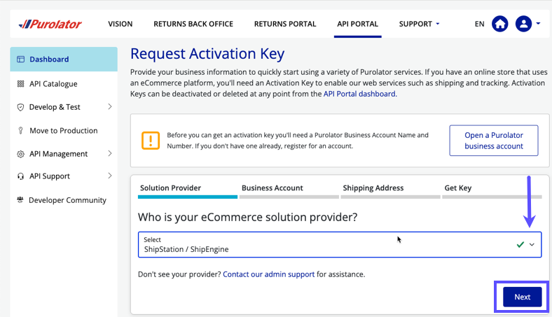 Purolator Activation-Keys request page. Shows e-Com-SOLUTION-PROVIDER menu & Next button
