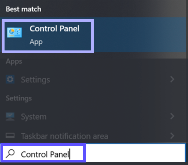 Control Panel app opened from Windows desktop search bar results.