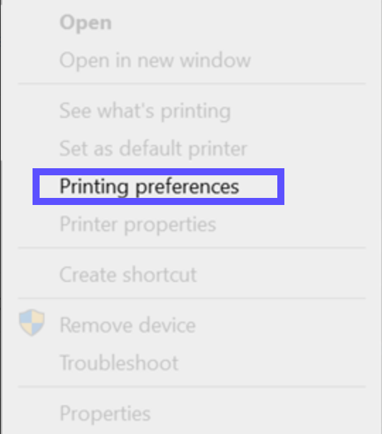 Printing Preferences highlighted in the Windows right-click menu.