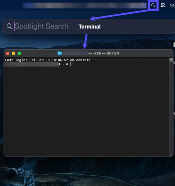 Mac desktop search icon highlighted with "terminal" typed in search bar. Terminal application highlighted in search results.