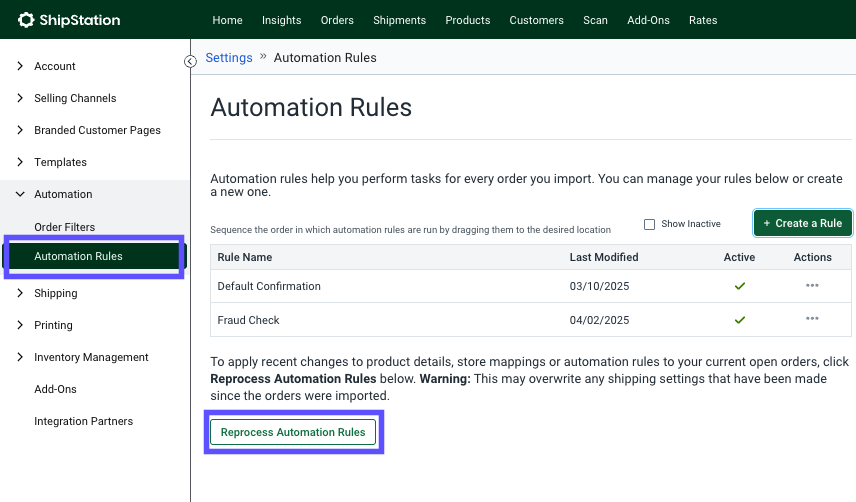 Automation Rules. Arrow points to Reprocess Automation Rules button.