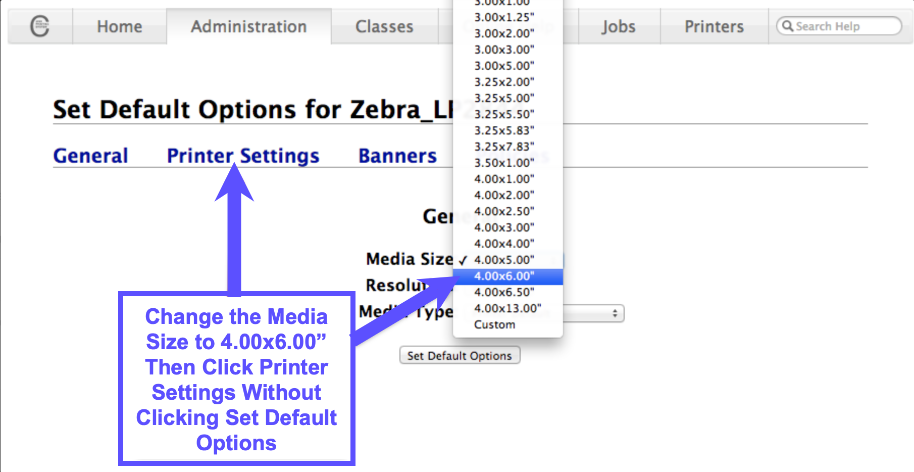 CUPS Media Size menu with 4x6 option selected. After selection, click Printer Settings tab. Do not click Set Default Options.