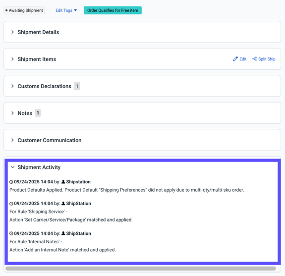 Shipment Activity expanded in Shipment panel of Order Details window with Shipment Activity highlighted