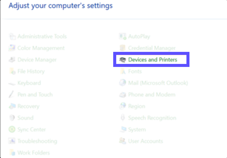 Devices and Printers settings highlighted in Windows Control Panel menu.