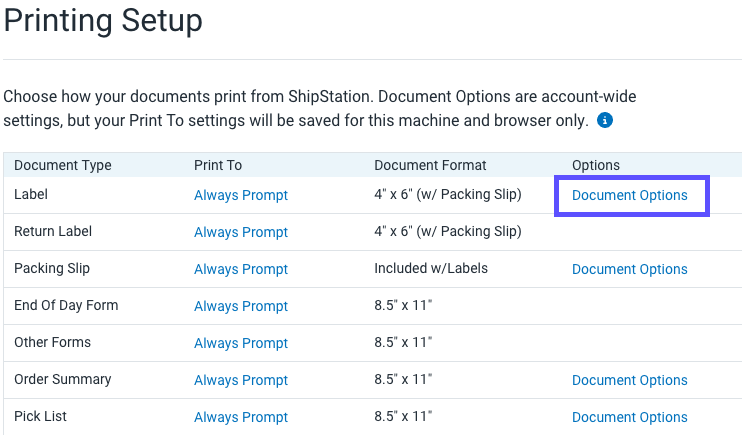 Printing Setup page showing the Document Options marked for the Labels Document type.
