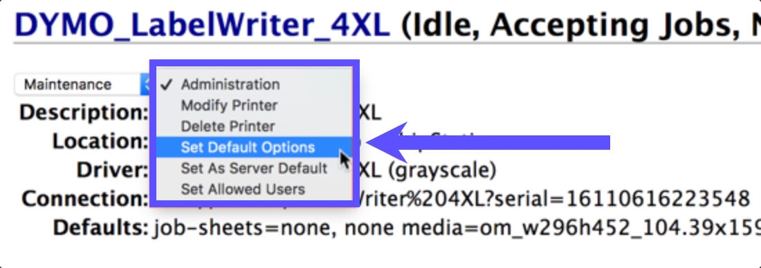 CUPS Administration dropdown menu with Set Default Options selected.