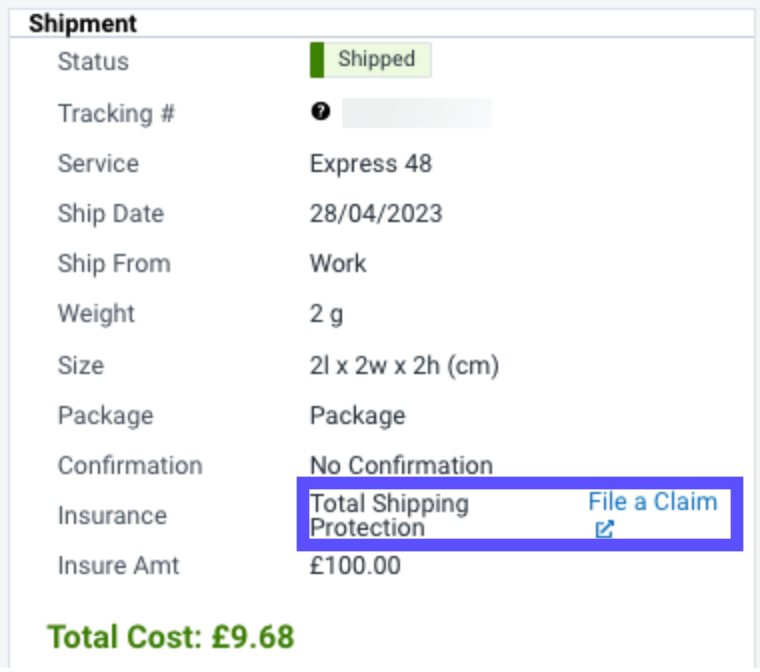 Shipping Details with the Total Shipping Protection File a Claim link highlighted.