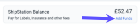 Arrow points to Add Funds link in the ShipStation Balance section.